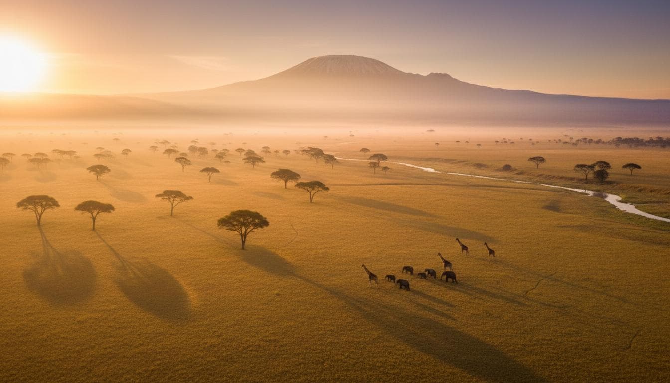 Aerial view of the Kenyan savannah at dawn
